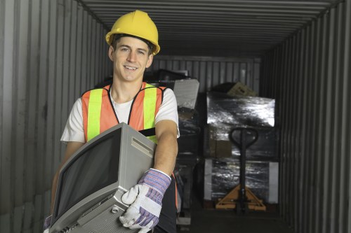 A young male waste removal worker wearing a yellow safety helmet, high-visibility orange and green vest, and white gloves is standing inside a metal storage container or shipping skip. He is holding an old desktop computer monitor, which has a grey casing and a glass screen, with both hands. Behind him, stacked black plastic rubbish bags and cardboard boxes are visible, indicating a clean-up or clearance activity. The container's interior features corrugated metal walls and a dimly lit environment, suggesting an outdoor or warehouse setting in the UK, suitable for house clearance or rubbish disposal services by Belgravia House Clearance. The scene reflects professional rubbish collection efforts, focusing on electronic waste and general debris removal.